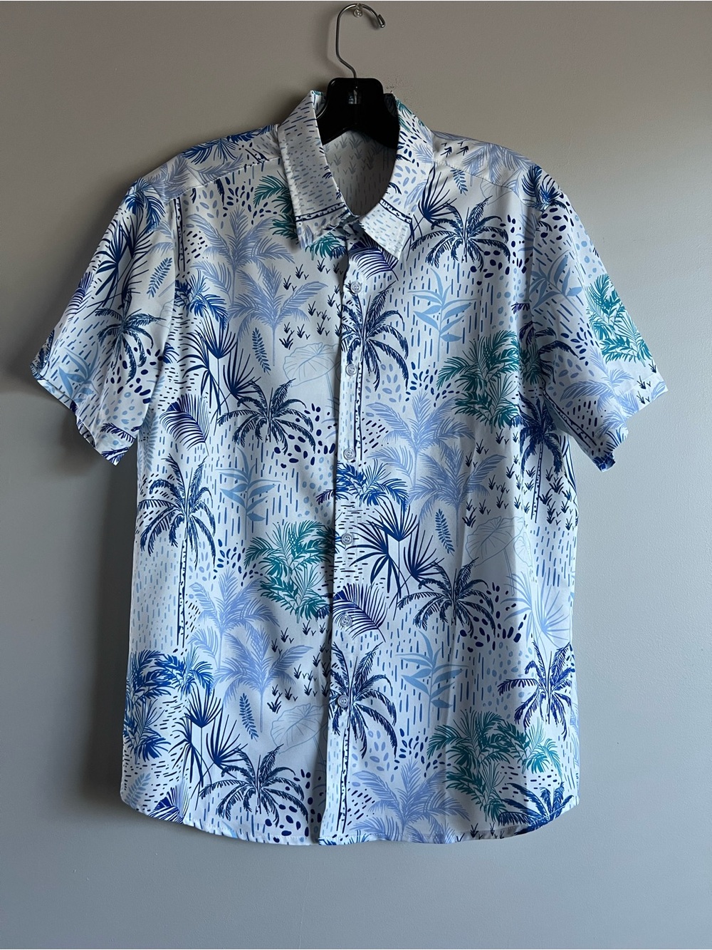 Men’s Short Sleeve Button Up Palm Tree Hawaiian Shirt Size Small White Blue